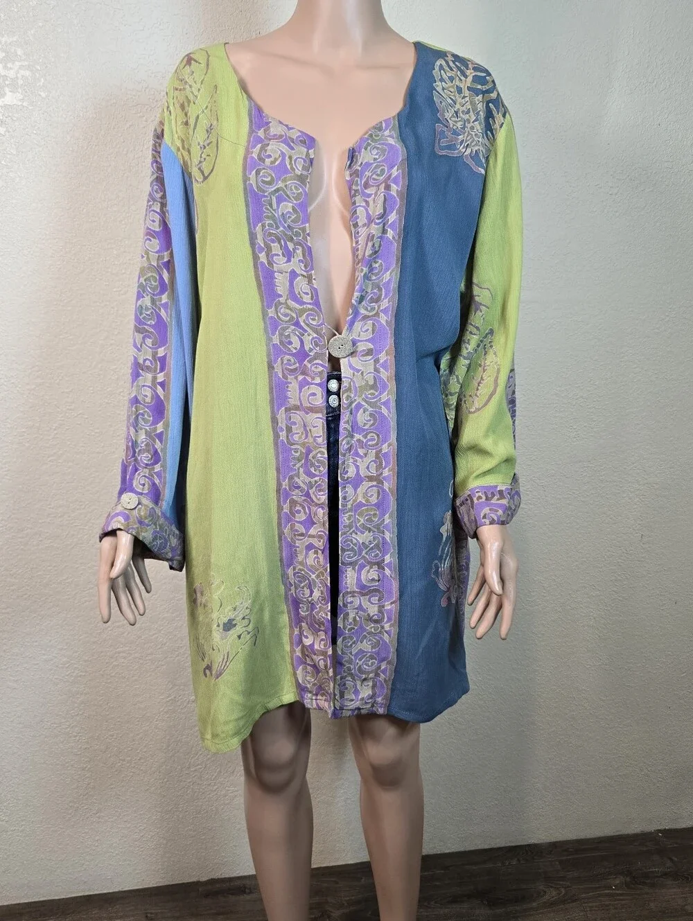 Soft Surroundings 100% Rayon Teal Green Purple Button Blouse Overlay Tunic 2x - Picture 11 of 14